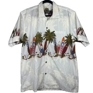 Favant Men White Large Surfboard Button Up Shirt Vintage Hawaiian Surf Vacation